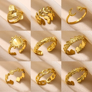 Stainless Steel Gold Plated Adjustable Open Rings Minimalist Geometric Sun Moon Leaf Chain Fashion Jewelry For Women