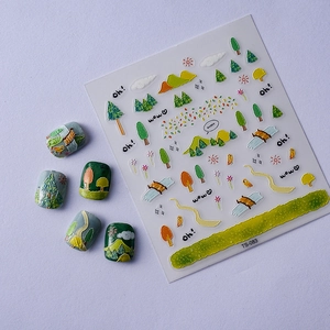 5D embossed forest landscape nail art stickers with trees and mountains on nails