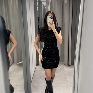 Robe Mini À Paillettes Noire Pour Femmes Sans Manches Épaulettes Dos Nu À Lacets Moulante Sexy Party Clubwear