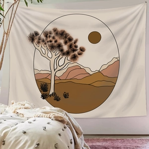 Tapisserie bohème avec illustration de paysage désertique et soleil pour chambre
