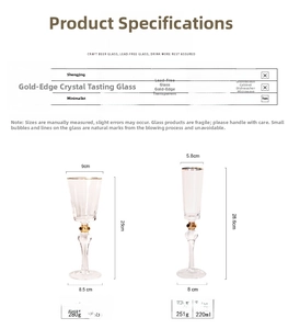 Detailed size and capacity specifications for gold-rimmed crystal wine and champagne glasses