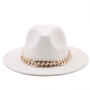 Detail of white wide brim wool fedora hat featuring a chunky gold metal chain link band