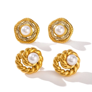 Vintage gold stainless steel earrings featuring white pearl and zircon inlay accents