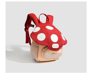 Detailed side view of mushroom-shaped toddler backpack with breathable mesh and red fabric