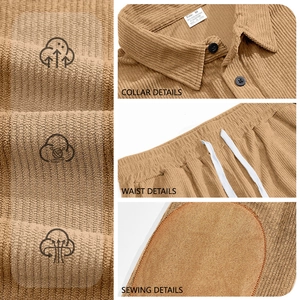 Men's khaki corduroy two-piece set showing collar details, fabric texture and drawstring