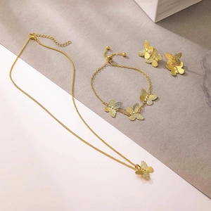 Elegant Gold Butterfly Jewelry Set Copper Electroplated Butterfly Pendant Necklace Bracelet Stud Earrings For Women Sweet Jewelry