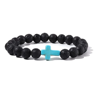 Herren Perlenarmband mit schwarzen Lavasteinen und einer türkisfarbenen Kreuzperle