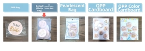 Detailed packaging options for Team Bride tinplate badges in various protective bags