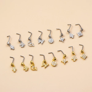 Piercings de nez en L en acier inoxydable avec pendentifs papillon et trèfle en or et argent