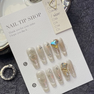 Handmade Luxury Cat Eye Press On Nails Long Coffin Shape With Rhinestone Heart Gemstone Sweet 3D Relief Flower Design