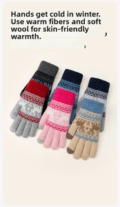 Detail showing Merino wool blend thermal gloves with festive snowflake and reindeer patterns