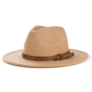 Classic camel wool fedora hat with brown leather belt and metal buckle on white background