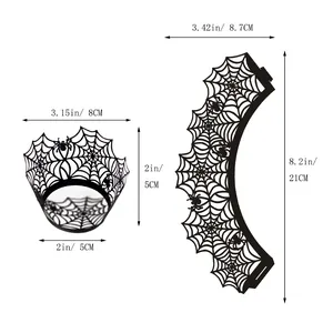 Spider web laser cut cupcake wrappers with detailed size measurements and dimensions