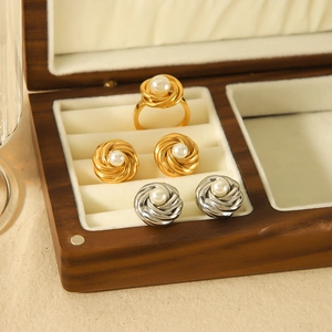 Elegant Swirl Flower Stud Earrings And Artificial Pearl Ring Stainless Steel Vintage French Style Jewelry For Women Non Fading