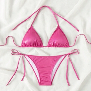 Hot pink metallic two-piece bikini set with tie-up triangle top and side-tie bottoms