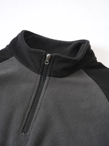 Close-up of a tactical fleece sweatshirt with half-zip collar and two-tone color blocking