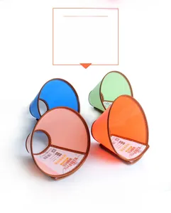 Detail showing PP resin Elizabethan pet collars in four colors with soft leather edges