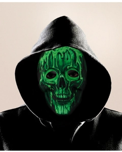 Detail of green skull mask with glowing slime effect and black hooded costume for Halloween