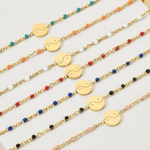 Stainless Steel Yin Yang Bracelet Gold Plated Bohemian Enamel Beads Tai Chi Pendant Adjustable Vintage Jewelry Women