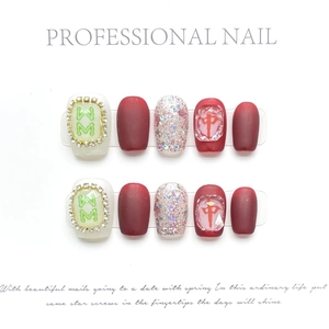 Mahjong Zhong Character Red Press On Nails With Heart Rhinestone Matte Glitter Handmade False Nails For New Year Women