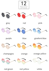 Grid display of snowflake shaped rimless sunglasses in twelve vibrant assorted colors