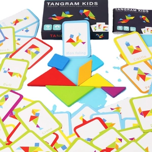 Colorful wooden tangram puzzle set with 60 challenge cards for kids' early brain training