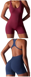 Detail of seamless yoga jumpsuit featuring racerback design and high-elastic knit fabric