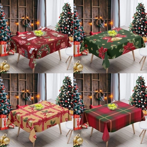Christmas Rectangular Tablecloth Polyester Holiday Party Dining Table Cover Red Green Plaid Poinsettia Printed Decor
