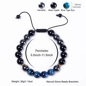 Bracelet ajustable en oeil de tigre bleu 10mm, agate noire et hématite pour hommes et femmes