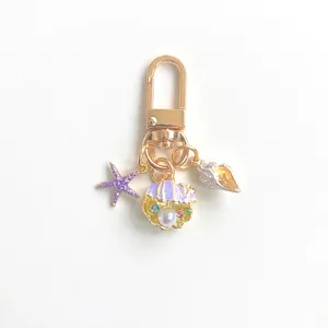 Ocean Theme Keychain Alloy Shell Starfish Conch Pendants With Faux Artificial Pearl Rhinestone Bag Charm For Women Girls Gift