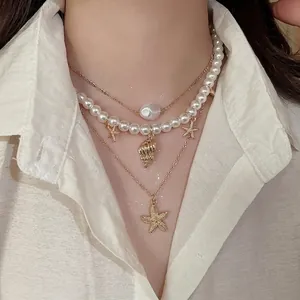 Multi Layer Necklace With Alloy Starfish Conch Shell Charms And Imitation Artificial Baroque Pearl Ocean Beach Summer Style For Women