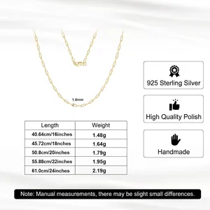 S925 sterling silver paperclip chain necklace with size chart and various length options
