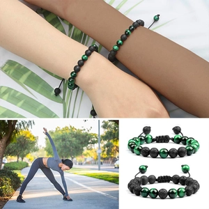 8mm Green Tiger Eye and Black Lava Rock stone bead bracelet set with adjustable cord