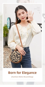 Outdoor shot of a stylish leopard print round crossbody bag with brown leather trim