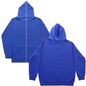 Bright blue full-zip hoodie for men and women featuring a drawstring hood and front pockets