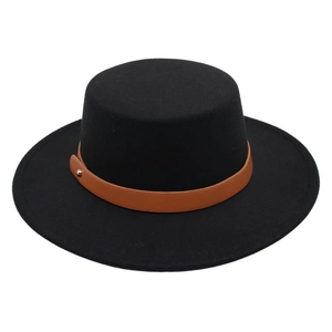 Detail view of black wool felt boater hat with a brown leather band and metal stud