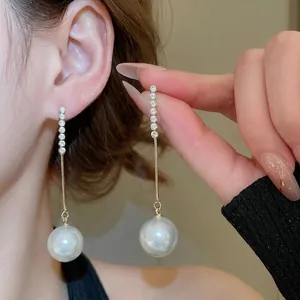 Long Pendant Artificial Pearl Earrings With 925 Sterling Silver Earring Post Rhinestone Tassel French Style Luxury Jewelry Women