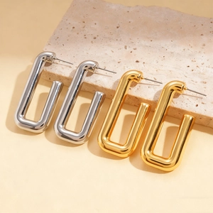 Minimalist rectangular U-shaped geometric stud earrings in gold and silver metal finishes