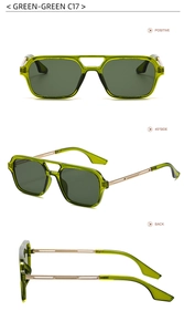 Three views of green aviator sunglasses with transparent frames and gold metal temples