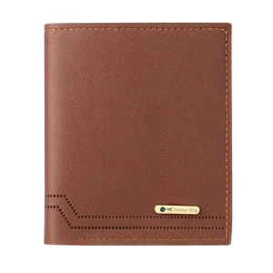Slim brown leather men's bifold wallet with orange stitching and metallic logo plate