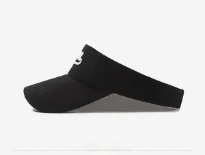 Side view of black open-top sun visor with white embroidery and knitted texture finish