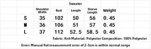 Detaillierte Größentabelle für Strickjacke mit Maßen für die Größen S, M und L