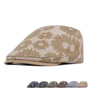 Daisy Jacquard Denim Flat Cap Retro British Style Newsboy Hat For Women Adjustable Buckle Breathable Casual Beret