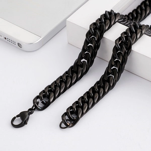 Polished black stainless steel Cuban link chain necklace with secure lobster clasp