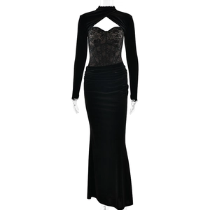Slim fit black velvet maxi dress featuring sheer lace patchwork and corset detailing