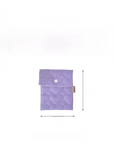 Detailed view of purple quilted heart pouch showing dimensions 12x14cm and snap button