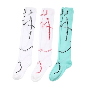 Three pairs of Sally cosplay thigh high socks with stitch patterns for Halloween costumes
