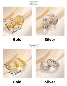 Macro details of geometric C-shape earrings and drop hoop studs in gold and silver