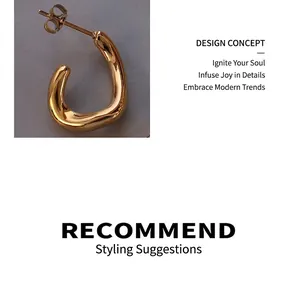 Detail of C-shaped gold-plated stainless steel earrings with butterfly push-back closure