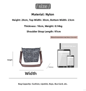 Detailed size guide for leopard print nylon tote showing dimensions and strap length